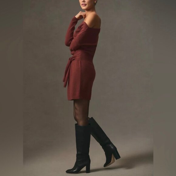Anthropologie One Shoulder Rust Tie Waist Wool Blend Sweater Dress Size Large - Picture 5 of 11